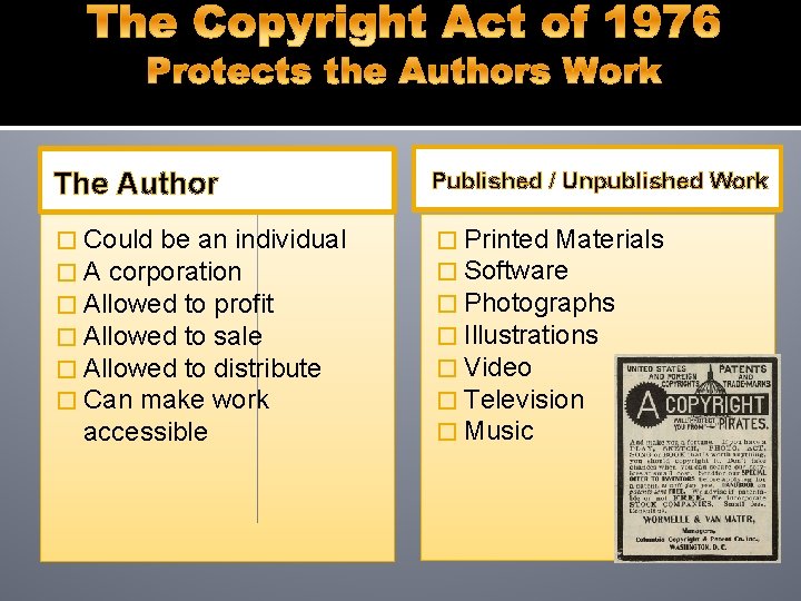 The Author Published / Unpublished Work � Could be an individual � A corporation The Author Published / Unpublished Work � Could be an individual � A corporation