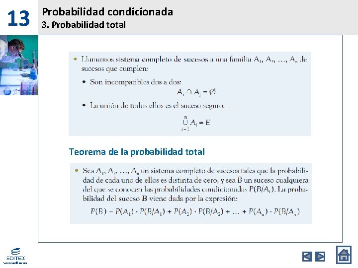 13 Probabilidad condicionada 3. Probabilidad total Teorema de la probabilidad total www. editex. es 13 Probabilidad condicionada 3. Probabilidad total Teorema de la probabilidad total www. editex. es
