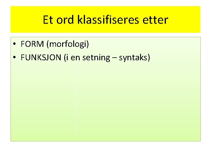 Et ord klassifiseres etter • FORM (morfologi) • FUNKSJON (i en setning – syntaks)