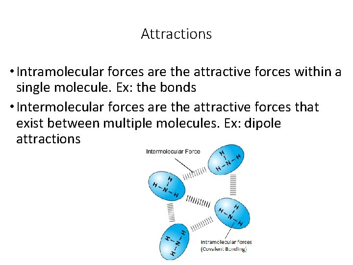 Attractions • Intramolecular forces are the attractive forces within a single molecule. Ex: the