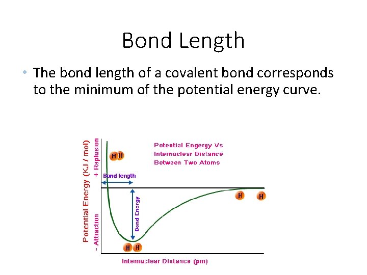 Bond Length • The bond length of a covalent bond corresponds to the minimum