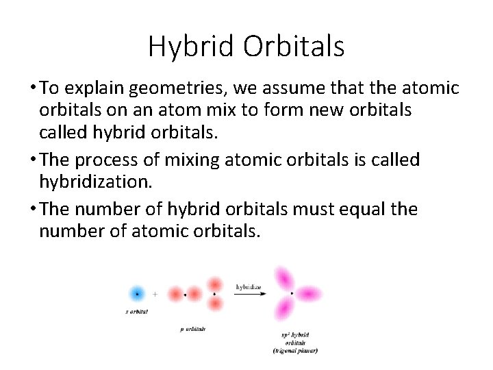 Hybrid Orbitals • To explain geometries, we assume that the atomic orbitals on an