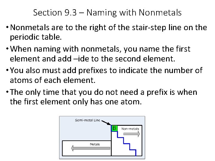 Section 9. 3 – Naming with Nonmetals • Nonmetals are to the right of