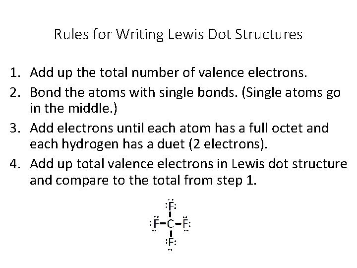 Rules for Writing Lewis Dot Structures 1. Add up the total number of valence