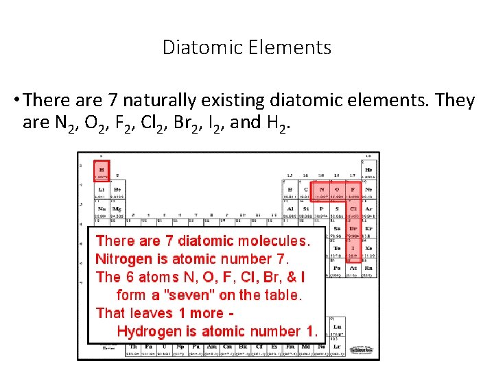 Diatomic Elements • There are 7 naturally existing diatomic elements. They are N 2,
