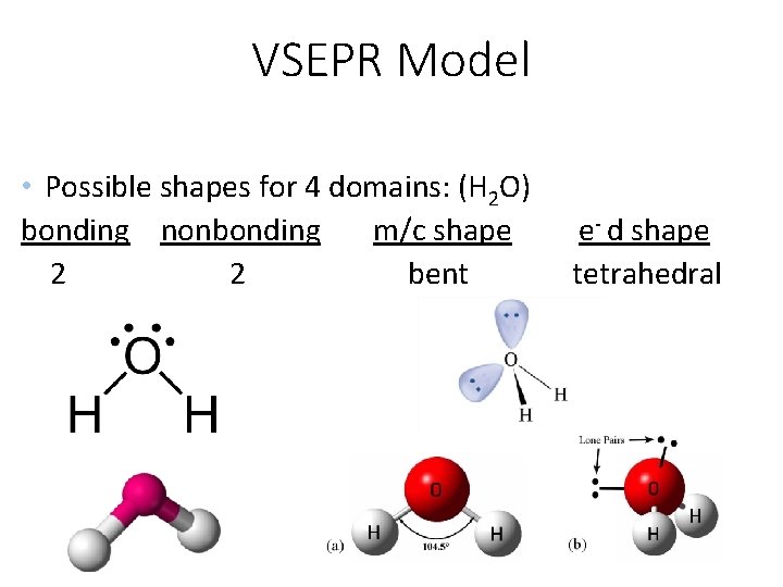 VSEPR Model • Possible shapes for 4 domains: (H 2 O) bonding nonbonding m/c