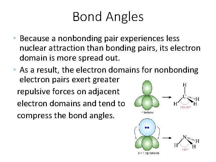 Bond Angles • Because a nonbonding pair experiences less nuclear attraction than bonding pairs,