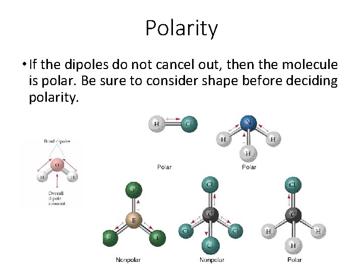 Polarity • If the dipoles do not cancel out, then the molecule is polar.