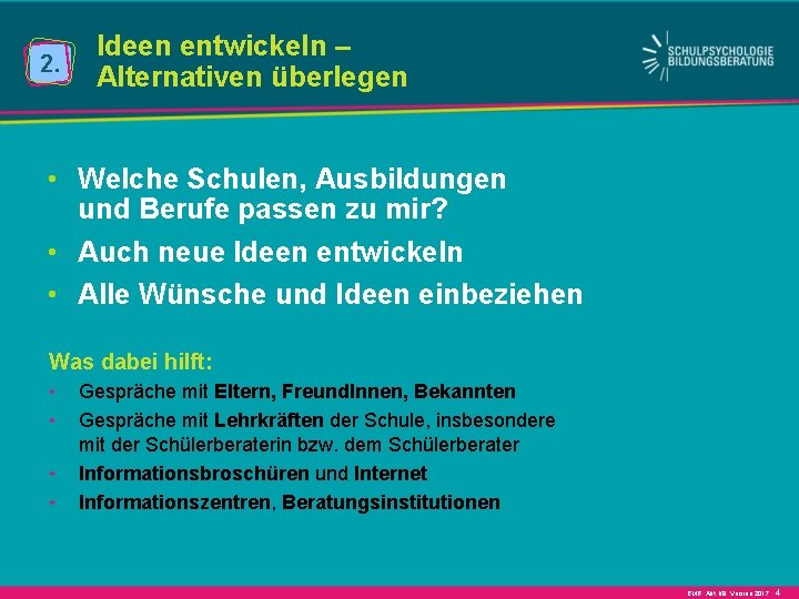 2. Ideen entwickeln – Alternativen überlegen • Welche Schulen, Ausbildungen und Berufe passen zu