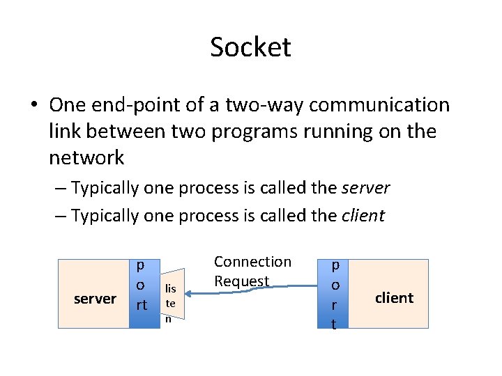 Socket • One end-point of a two-way communication link between two programs running on