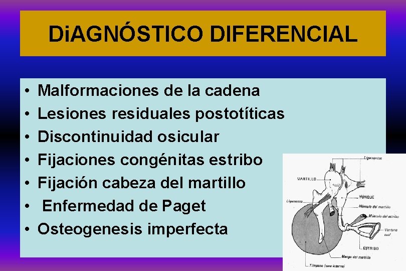 Di. AGNÓSTICO DIFERENCIAL • • Malformaciones de la cadena Lesiones residuales postotíticas Discontinuidad osicular