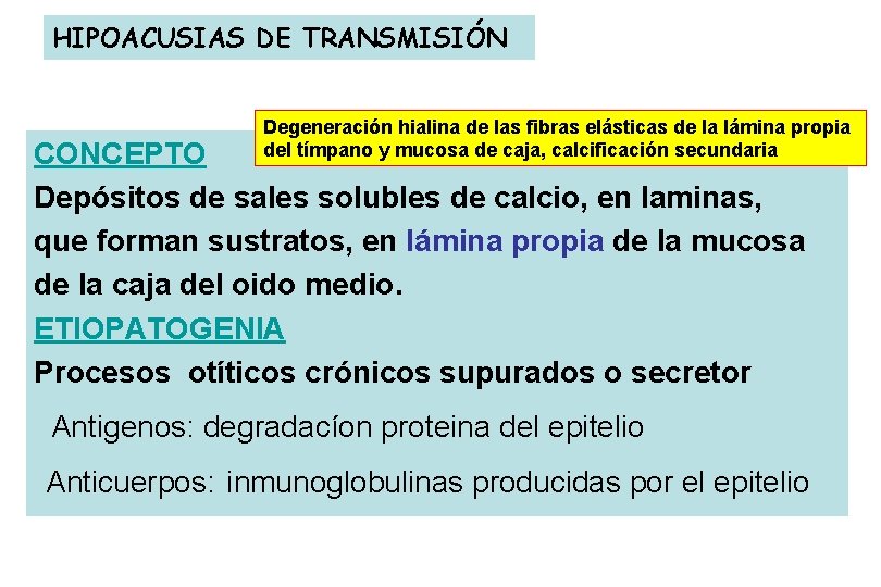 HIPOACUSIAS DE TRANSMISIÓN Degeneración hialina de las fibras elásticas de la lámina propia del