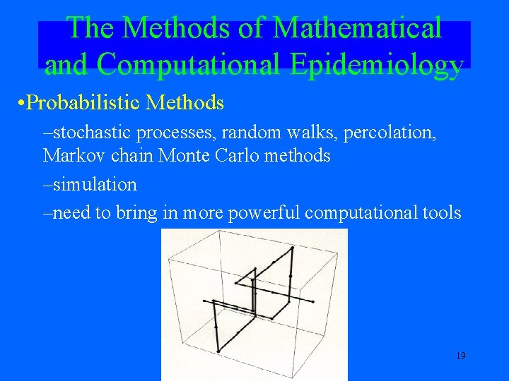 The Methods of Mathematical and Computational Epidemiology • Probabilistic Methods –stochastic processes, random walks,