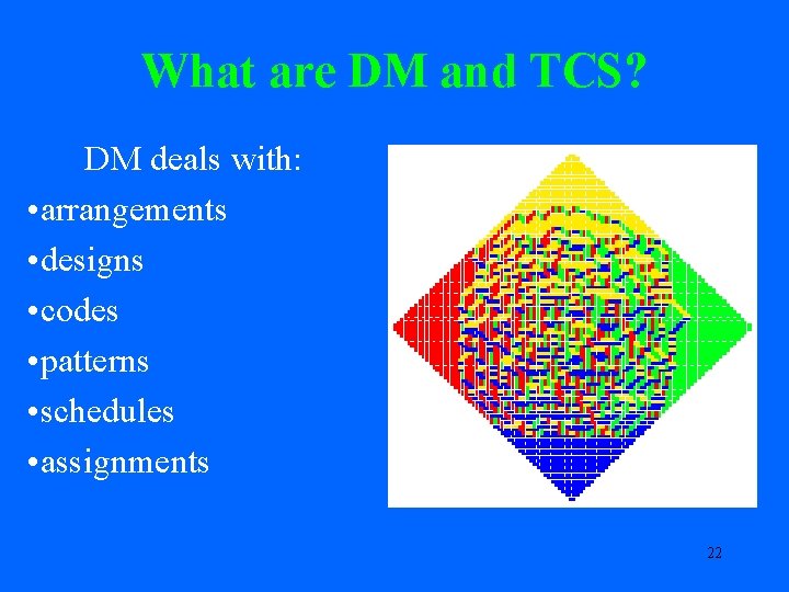 What are DM and TCS? DM deals with: • arrangements • designs • codes