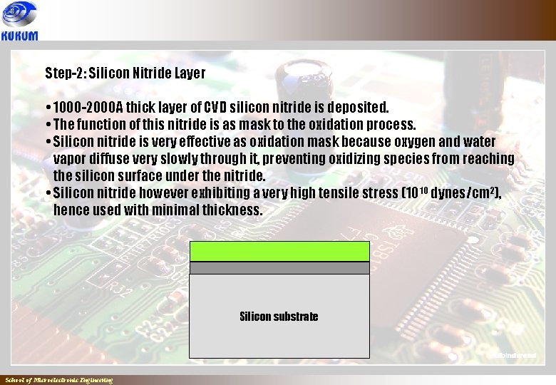 Step-2: Silicon Nitride Layer • 1000 -2000 A thick layer of CVD silicon nitride Step-2: Silicon Nitride Layer • 1000 -2000 A thick layer of CVD silicon nitride