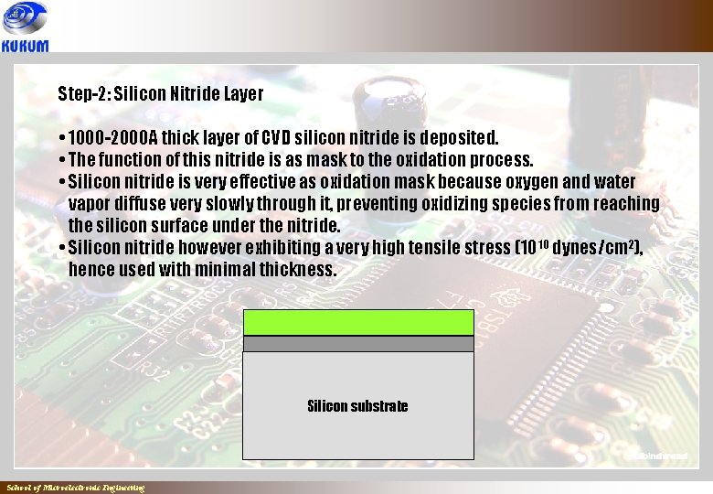 Step-2: Silicon Nitride Layer • 1000 -2000 A thick layer of CVD silicon nitride