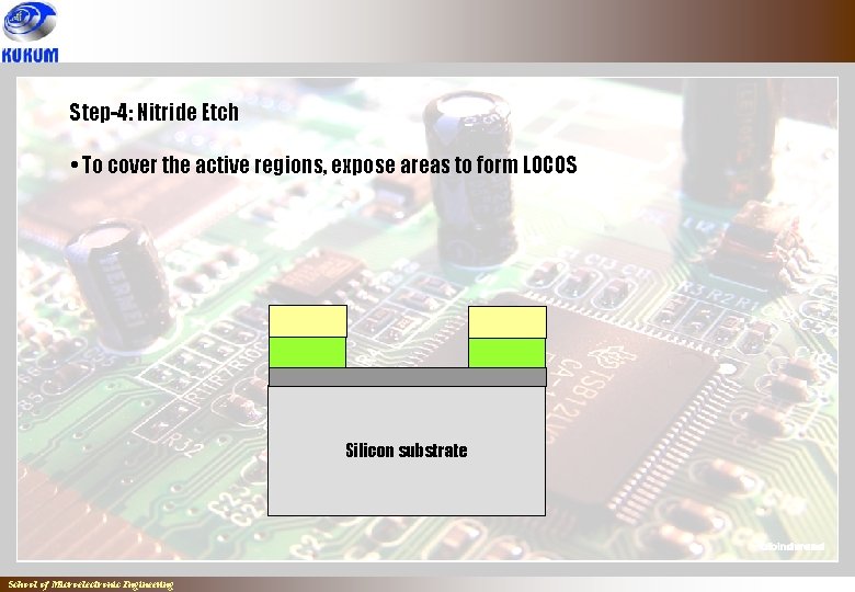 Step-4: Nitride Etch • To cover the active regions, expose areas to form LOCOS Step-4: Nitride Etch • To cover the active regions, expose areas to form LOCOS
