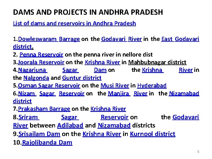 DAMS AND PROJECTS IN ANDHRA PRADESH List of dams and reservoirs in Andhra Pradesh