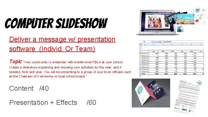 Computer slideshow Deliver a message w/ presentation software (Individ. Or Team) Topic 'Your community
