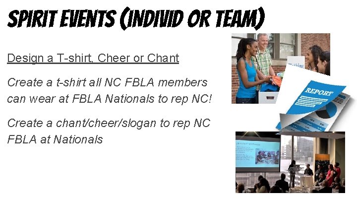 Spirit events (i. NDIVID OR TEAM) Design a T-shirt, Cheer or Chant Create a