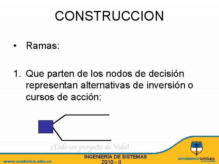 CONSTRUCCION • Ramas: 1. Que parten de los nodos de decisión representan alternativas de