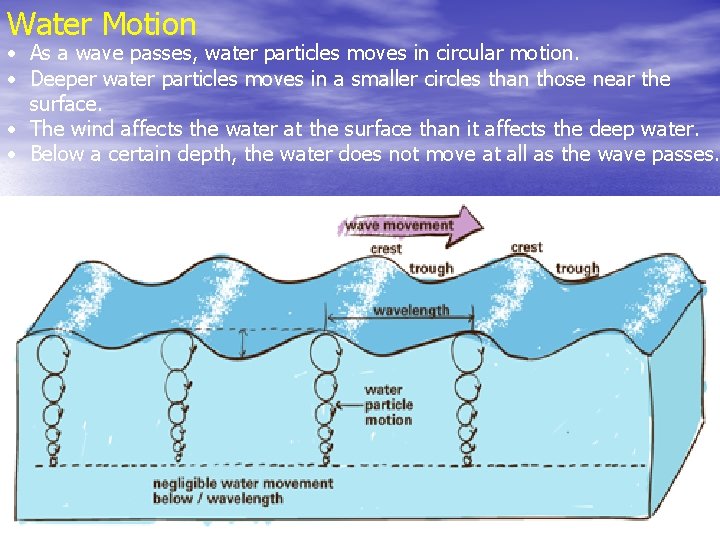 Water Motion • As a wave passes, water particles moves in circular motion. •