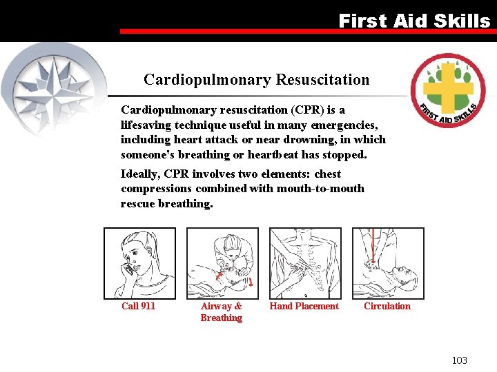 First Aid Skills Cardiopulmonary Resuscitation Cardiopulmonary resuscitation (CPR) is a lifesaving technique useful in