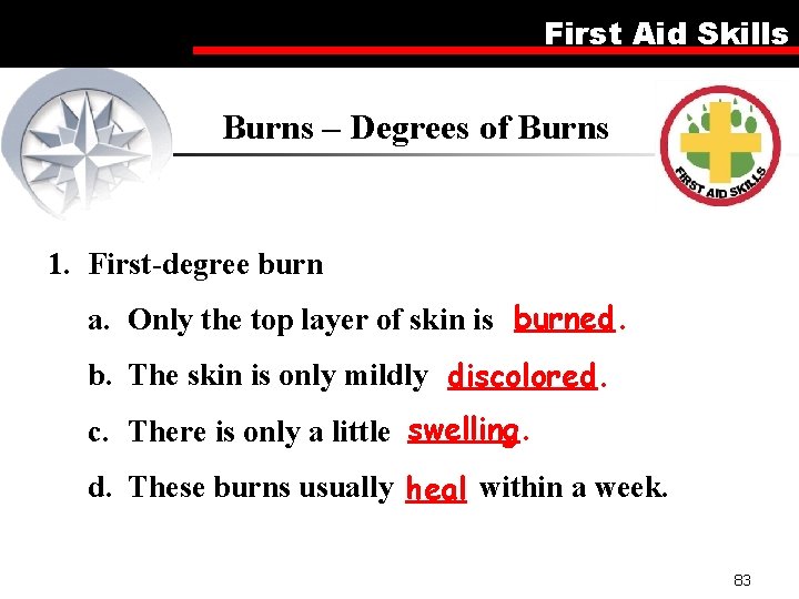 First Aid Skills Burns – Degrees of Burns 1. First-degree burn a. Only the