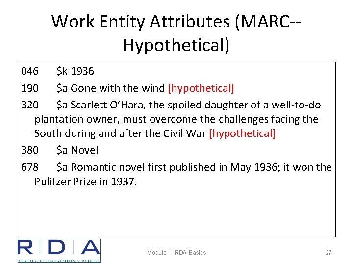 Work Entity Attributes (MARC-Hypothetical) 046 $k 1936 190 $a Gone with the wind [hypothetical]