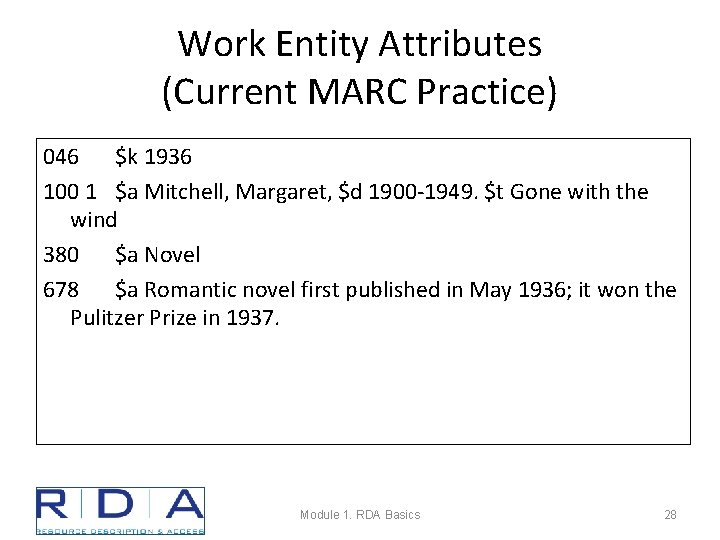 Work Entity Attributes (Current MARC Practice) 046 $k 1936 100 1 $a Mitchell, Margaret,