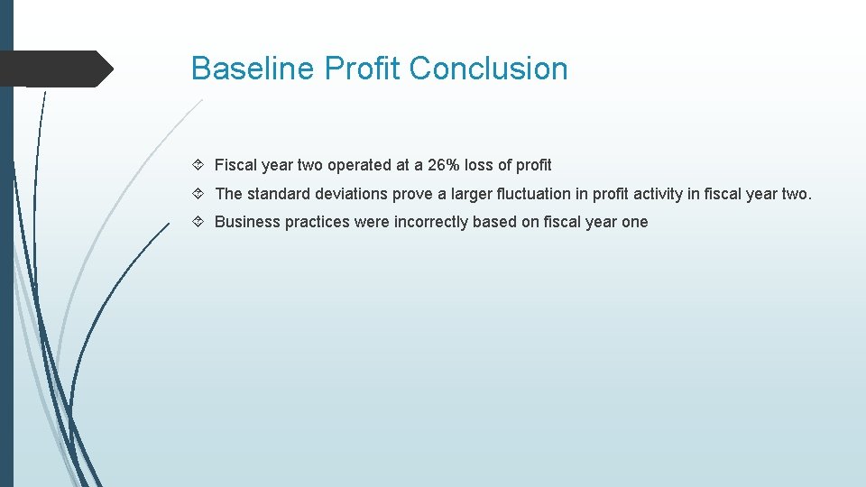 Baseline Profit Conclusion Fiscal year two operated at a 26% loss of profit The