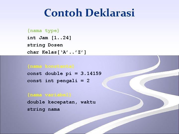 Contoh Deklarasi {nama type} int Jam [1. . 24] string Dosen char Kelas[‘A’. .