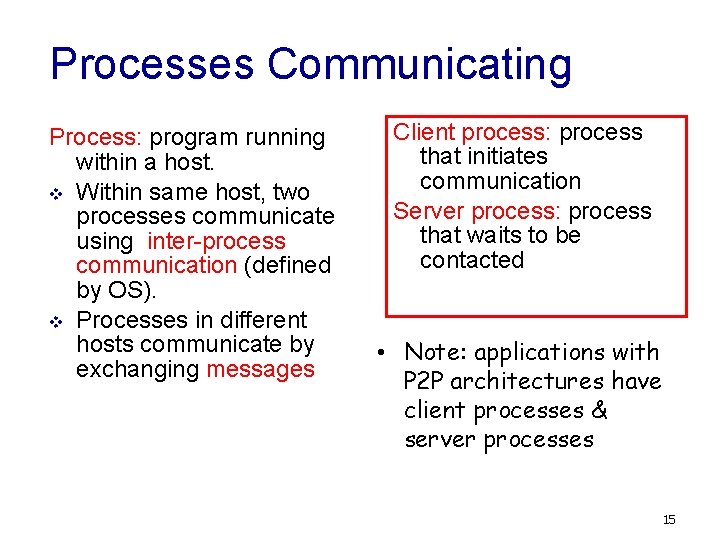 Processes Communicating Process: program running within a host. v Within same host, two processes