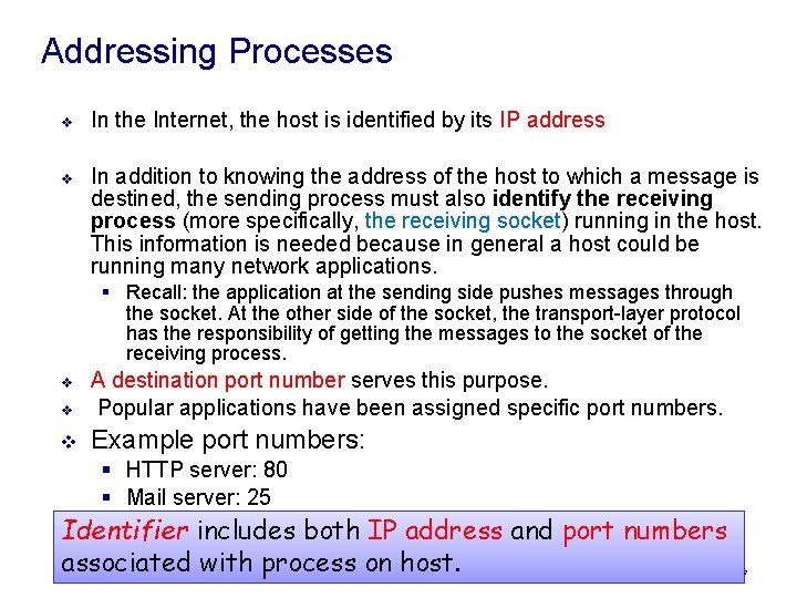 Addressing Processes v In the Internet, the host is identified by its IP address