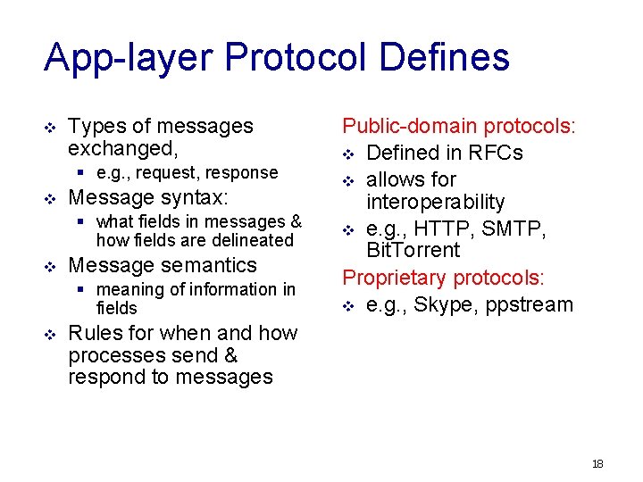 App-layer Protocol Defines v Types of messages exchanged, § e. g. , request, response