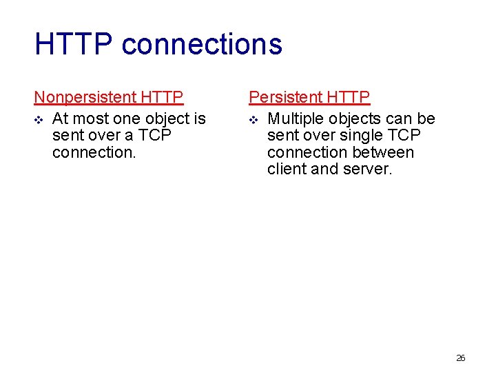 HTTP connections Nonpersistent HTTP v At most one object is sent over a TCP