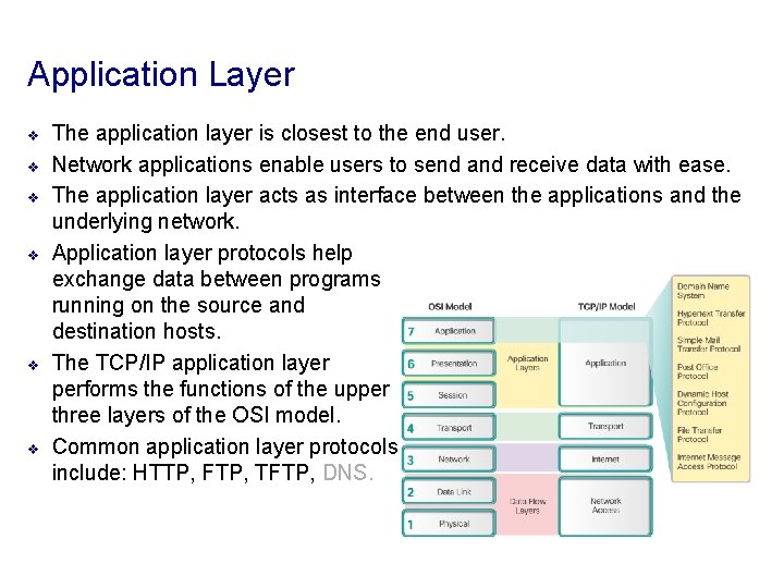 Application Layer v v v The application layer is closest to the end user.