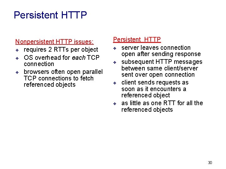 Persistent HTTP Nonpersistent HTTP issues: v requires 2 RTTs per object v OS overhead