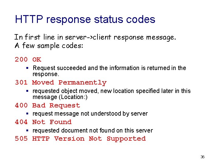 HTTP response status codes In first line in server->client response message. A few sample