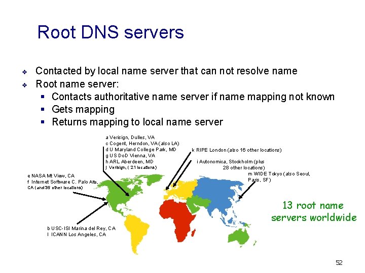 Root DNS servers v v Contacted by local name server that can not resolve