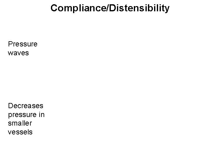 Compliance/Distensibility Pressure waves Decreases pressure in smaller vessels 