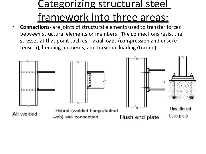 Categorizing structural steel framework into three areas: • Connections- are joints of structural elements