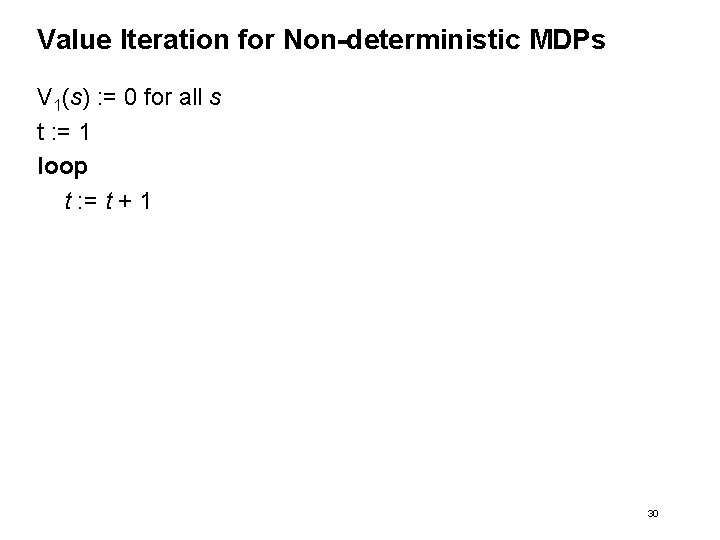 Value Iteration for Non-deterministic MDPs V 1(s) : = 0 for all s t