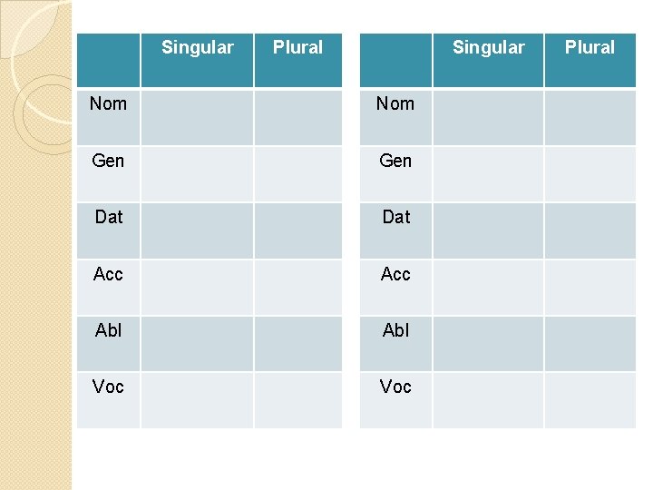 Singular Plural Singular Nom Gen Dat Acc Abl Voc Plural 