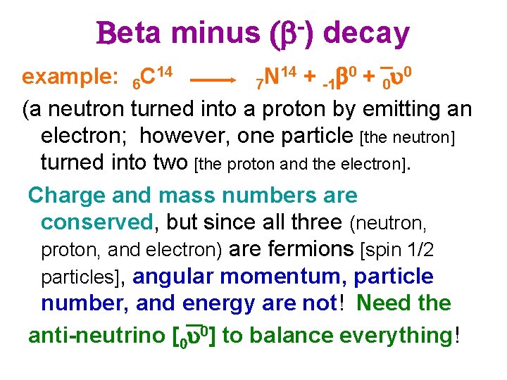 Beta minus b-) decay 14 + b 0 + u 0 example: 6 C
