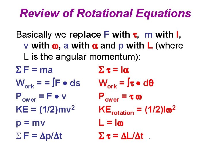 Review of Rotational Equations Basically we replace F with t, m with I, v