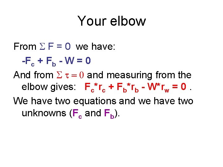 Your elbow From F = 0 we have: -Fc + Fb - W =