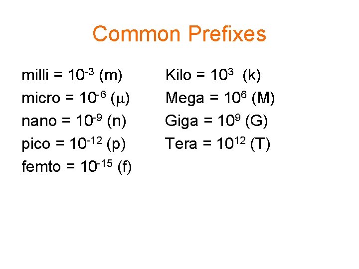 Common Prefixes milli = 10 -3 (m) micro = 10 -6 ( ) nano
