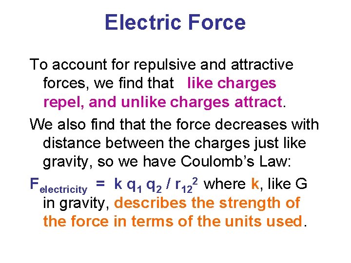 Electric Force To account for repulsive and attractive forces, we find that like charges