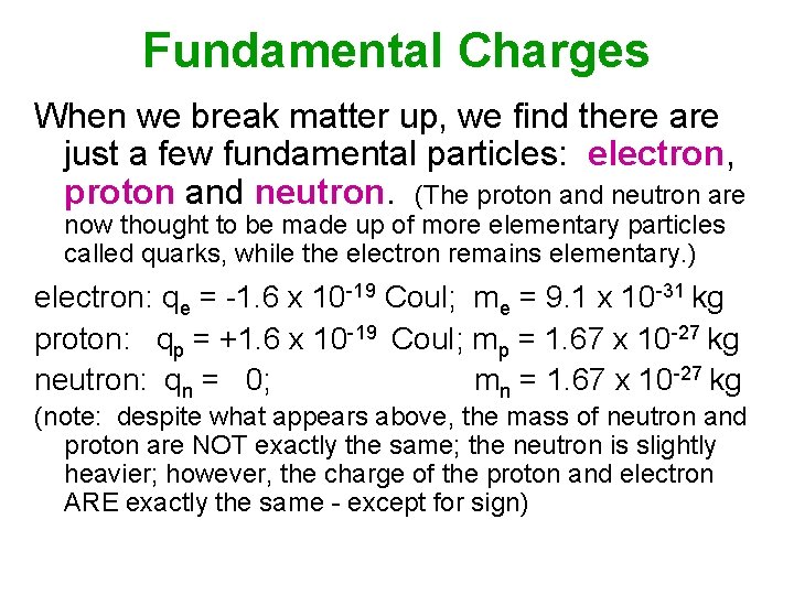 Fundamental Charges When we break matter up, we find there are just a few